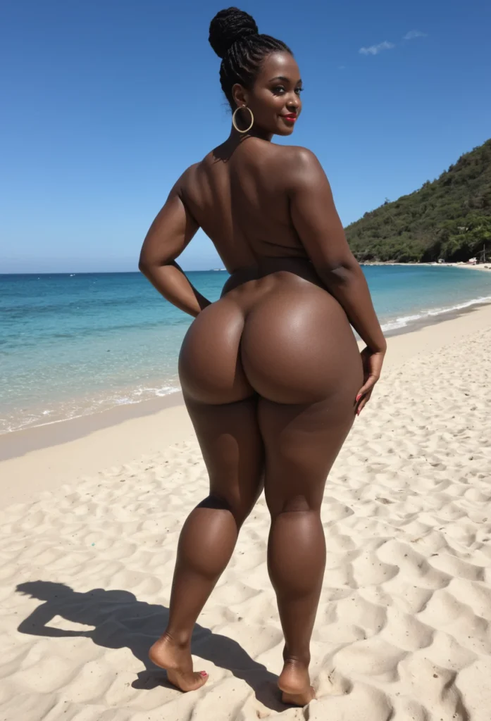 In this picture I can see a woman standing on the sand, there is water, there are trees, and in the background there is sky and there is a watermark on the image.